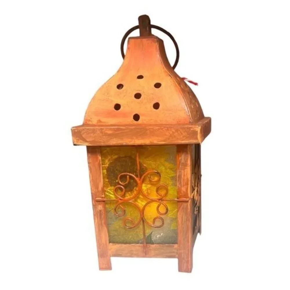 Decoupaged and Hand-Painted Candle Metal Lantern Candle Holder For Fall Decor